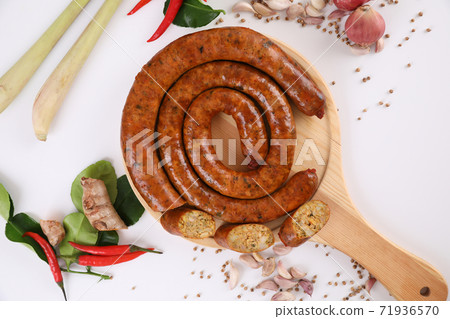 Local Northern Thai food , Northern Thai spicy sausage street food isolated in white background Local Northern Thai food , Northern Thai spicy sausage street food isolated in white background 71936570