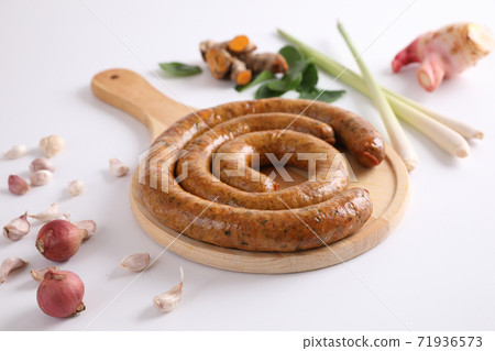 Local Northern Thai food , Northern Thai spicy sausage street food isolated in white background 71936573