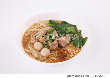 Local Thai food , Noodle with meat ball and pork isolated in white background Local Thai food , Noodle with meat ball and pork isolated in white background 71936580