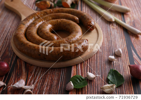 Local Northern Thai food , Northern Thai spicy sausage street food isolated in white background 71936729