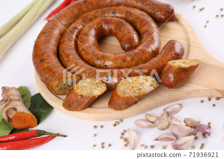 Local Northern Thai food , Northern Thai spicy sausage street food isolated in white background 71936921
