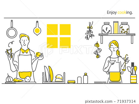 Simple and stylish hand-drawn illustrations: Men and women who enjoy cooking, couples, couples 71937314