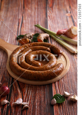 Local Northern Thai food , Northern Thai spicy sausage street food isolated in white background Local Northern Thai food , Northern Thai spicy sausage street food isolated in white background 71937503