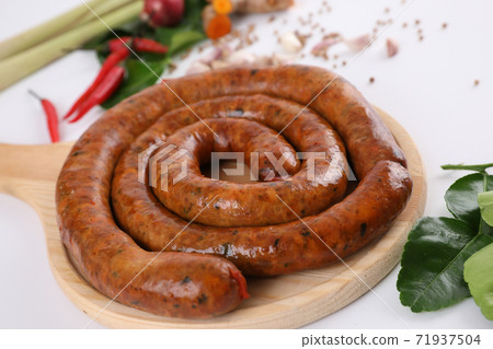 Local Northern Thai food , Northern Thai spicy sausage street food isolated in white background 71937504
