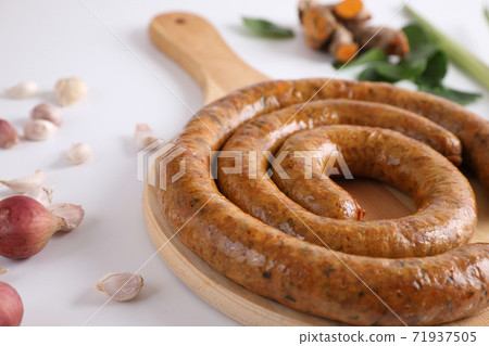 Local Northern Thai food , Northern Thai spicy sausage street food isolated in white background 71937505