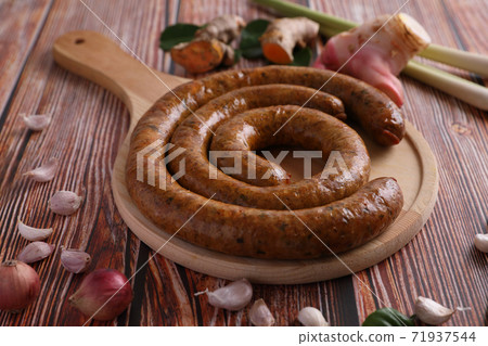 Local Northern Thai food , Northern Thai spicy sausage street food isolated in white background 71937544