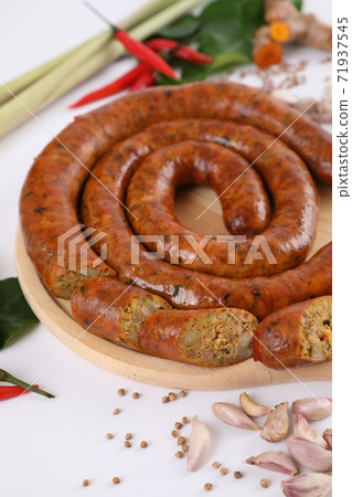 Local Northern Thai food , Northern Thai spicy sausage street food isolated in white background Local Northern Thai food , Northern Thai spicy sausage street food isolated in white background 71937545