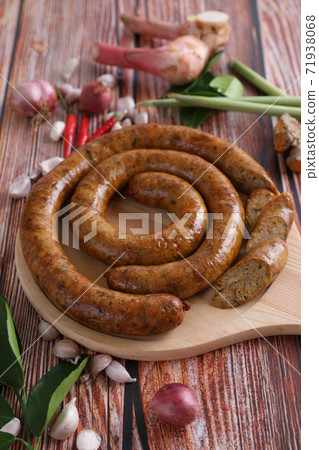 Local Northern Thai food , Northern Thai spicy sausage street food isolated in white background Local Northern Thai food , Northern Thai spicy sausage street food isolated in white background 71938068