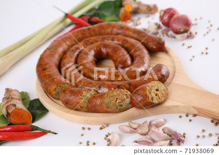 Local Northern Thai food , Northern Thai spicy sausage street food isolated in white background Local Northern Thai food , Northern Thai spicy sausage street food isolated in white background 71938069