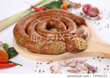 Local Northern Thai food , Northern Thai spicy sausage street food isolated in white background 71938125