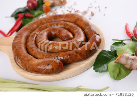 Local Northern Thai food , Northern Thai spicy sausage street food isolated in white background Local Northern Thai food , Northern Thai spicy sausage street food isolated in white background 71938126