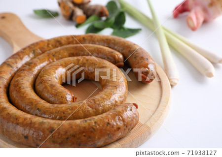 Local Northern Thai food , Northern Thai spicy sausage street food isolated in white background Local Northern Thai food , Northern Thai spicy sausage street food isolated in white background 71938127