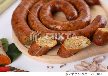 Local Northern Thai food , Northern Thai spicy sausage street food isolated in white background Local Northern Thai food , Northern Thai spicy sausage street food isolated in white background 71938406