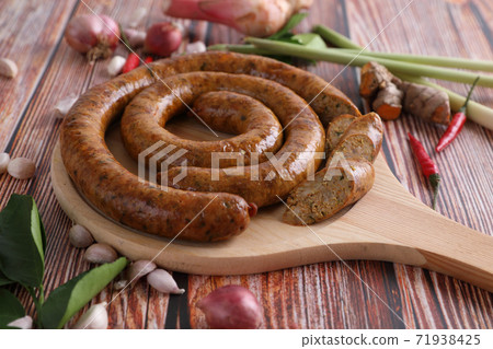 Local Northern Thai food , Northern Thai spicy sausage street food isolated in white background 71938425