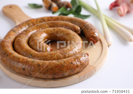 Local Northern Thai food , Northern Thai spicy sausage street food isolated in white background 71938431