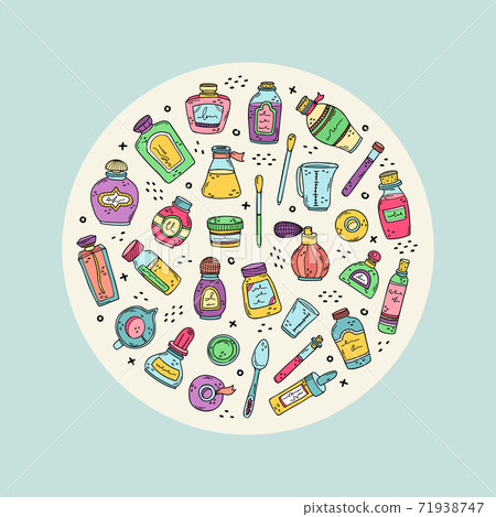 Vector round illustration with perfume bottles, beakers and essential oils. Preparation of perfumes. 71938747