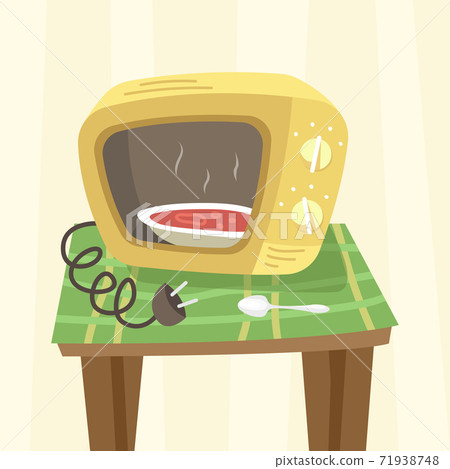 Microwave oven with the soup inside. Isolated vector illustration of kitchen appliances. Cartoon style. Microwave oven with the soup inside. Isolated vector illustration of kitchen appliances. Cartoon style. 71938748
