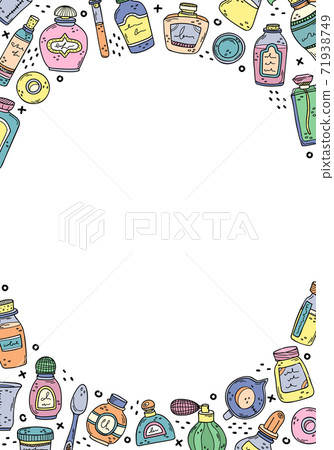 Vector illustration with perfume bottles, beakers and essential oils. Place for the text. Preparation of perfumes. Vector illustration with perfume bottles, beakers and essential oils. Place for the text. Preparation of perfumes. 71938749