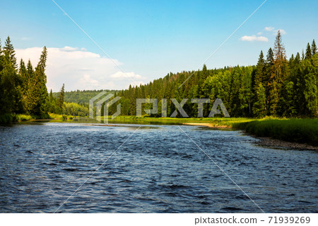 Beautiful north river Usva, Ural Mountains, Perm region, Russia among forests at summer sunny day Beautiful north river Usva, Ural Mountains, Perm region, Russia among forests at summer sunny day 71939269