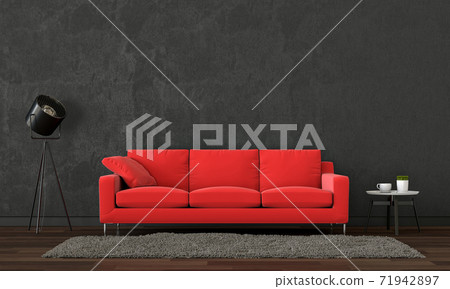 interior black living room with red sofa,  plant, lamp, 3D render 71942897