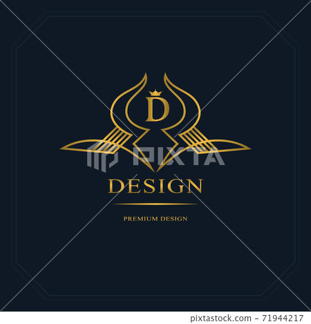 Gold Line graphics monogram. Elegant art logo design. Letter D. Graceful template. Business sign, identity for Restaurant, Royalty, Boutique, Cafe, Hotel, Heraldic, Jewelry, Fashion. Vector elements 71944217