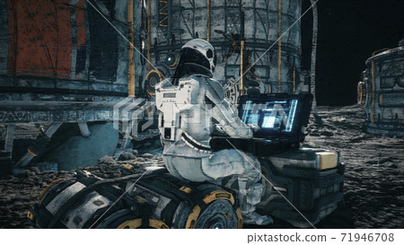 An astronaut works on his laptop at a space base on one of the new planets. 3D Rendering. 71946708