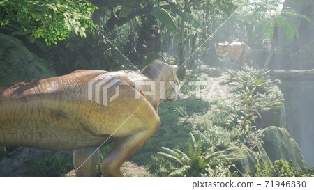The Tyrannosaurus Rex dinosaur slowly creeps up on its prey in a thicket of green prehistoric jungle. View of the green prehistoric jungle forest on a Sunny morning. 3D Rendering. The Tyrannosaurus Rex dinosaur slowly creeps up on its prey in a thicket of green prehistoric jungle. View of the green prehistoric jungle forest on a Sunny morning. 3D Rendering. 71946830