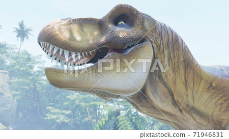The Tyrannosaurus Rex dinosaur slowly creeps up on its prey in a thicket of green prehistoric jungle. View of the green prehistoric jungle forest on a Sunny morning. 3D Rendering. 71946831