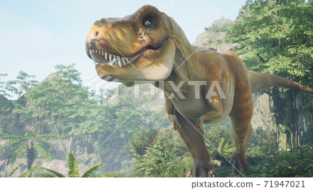 The Tyrannosaurus Rex dinosaur slowly creeps up on its prey in a thicket of green prehistoric jungle. View of the green prehistoric jungle forest on a Sunny morning. 3D Rendering. 71947021