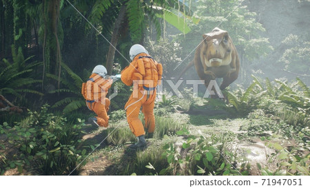 Astronauts battle the dinosaur Tyrannosaurus Rex in a prehistoric alien jungle. 3D Rendering. Astronauts battle the dinosaur Tyrannosaurus Rex in a prehistoric alien jungle. 3D Rendering. 71947051