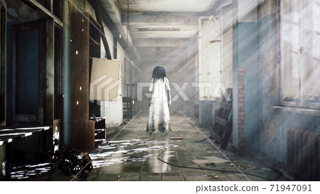 A horrible girl in a white dress, looking like a zombie, moves through an abandoned mystical house. View of an abandoned apocalyptic house. 3D Rendering. A horrible girl in a white dress, looking like a zombie, moves through an abandoned mystical house. View of an abandoned apocalyptic house. 3D Rendering. 71947091