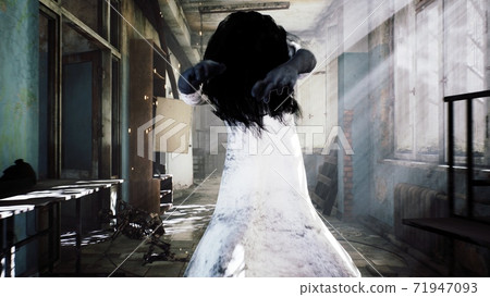 A horrible girl in a white dress, looking like a zombie, moves through an abandoned mystical house. View of an abandoned apocalyptic house. 3D Rendering. 71947093
