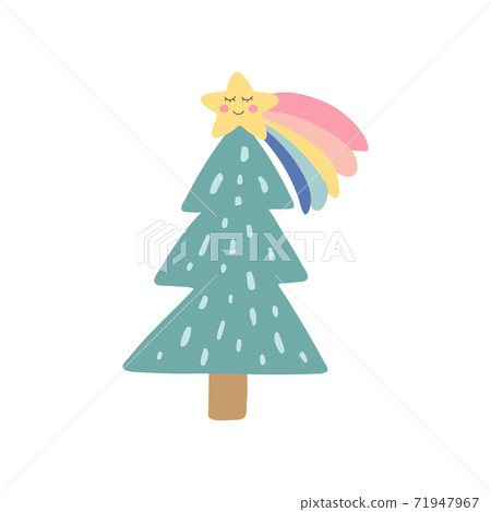 Cute Christmas tree with rainbow star. Kids nursery icon. Trendy hand drawn christmas tree. Holiday design element. Baby shower sticker. Daily planner. Vector illustration Cute Christmas tree with rainbow star. Kids nursery icon. Trendy hand drawn christmas tree. Holiday design element. Baby shower sticker. Daily planner. Vector illustration 71947967