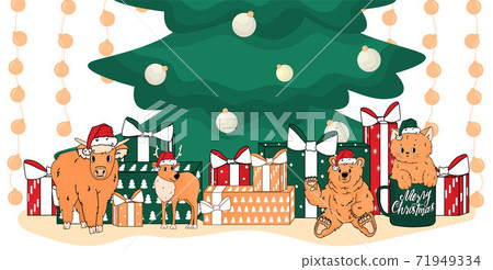 Christmas toys are near green Christmas tree. Bear, cat, deer, cow are in Santa hats. Cat is in the cup and has peach colour Christmas toys are near green Christmas tree. Bear, cat, deer, cow are in Santa hats. Cat is in the cup and has peach colour 71949334