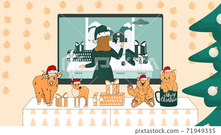 Christmas toys are on the TV table. TV set shows New Year movie. Bear, cat, deer, cow are in Santa hats. Cat is in the cup Christmas toys are on the TV table. TV set shows New Year movie. Bear, cat, deer, cow are in Santa hats. Cat is in the cup 71949335
