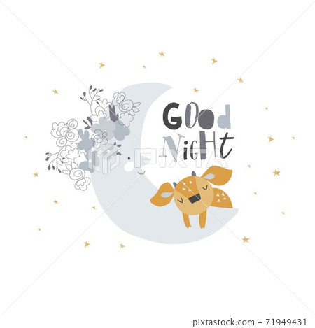 Cute deer sleeping on moon among the stars Cute deer sleeping on moon among the stars 71949431
