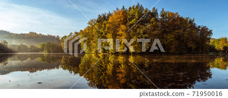 Lake fog landscape with Autumn foliage and tree reflections in Styria, Thal, Austria Lake fog landscape with Autumn foliage and tree reflections in Styria, Thal, Austria 71950016