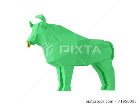 Statuette of a simplified polygonal Green Paper Bull, folded paper animal figurine, a symbol of the new year 2021, 3d render 71950085
