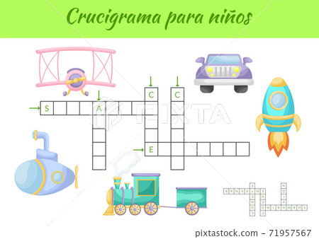 Crossword for kids. Crossword game with pictures. Kids activity worksheet colorful printable version. Educational game for study Spanish words. Vector stock illustration. Crossword for kids. Crossword game with pictures. Kids activity worksheet colorful printable version. Educational game for study Spanish words. Vector stock illustration. 71957567