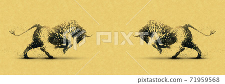 戰鬥牛互相面對的剪影2021年年橫幅年年金黃背景 戰鬥牛互相面對的剪影2021年年橫幅年年金黃背景 71959568