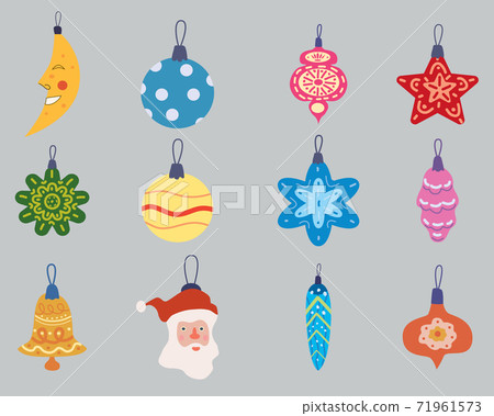Set Christmas Retro Toys balls decorative elements. Xmas collection vintage elements baubles. Vector illustration accessories for poster banner card 71961573