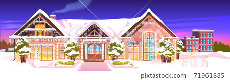 snow covered house yard in winter season home building with decorations for new year and christmas celebration 71961885