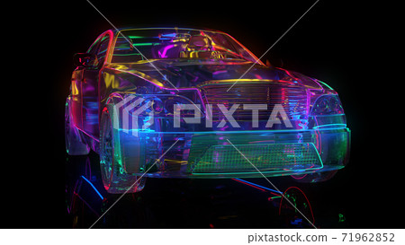 Glass car with neon lighting. The edges of the car are highlighted Glass car with neon lighting. The edges of the car are highlighted 71962852