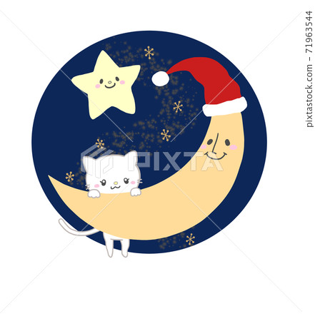Cute hand-painted Christmas illustrations of the moon, white cat and stars wearing Santa hats in the starry sky Cute hand-painted Christmas illustrations of the moon, white cat and stars wearing Santa hats in the starry sky 71963544