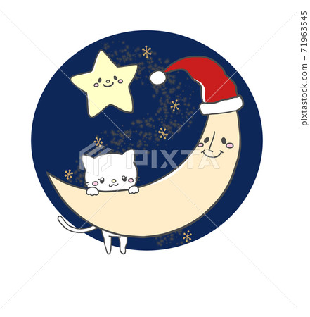 可愛的手繪聖誕節插圖的月亮,白貓和星星在繁星點點的天空中戴著聖誕老人的帽子 可愛的手繪聖誕節插圖的月亮,白貓和星星在繁星點點的天空中戴著聖誕老人的帽子 71963545