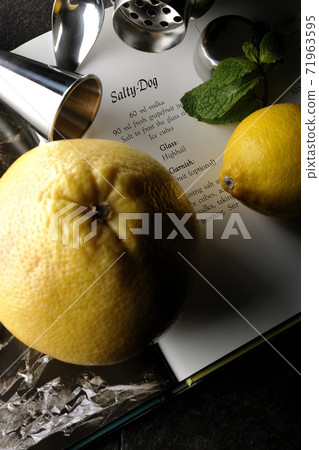 Make a cocktail with a shaker while looking at a cocktail book using grapefruit, lemon and mint Make a cocktail with a shaker while looking at a cocktail book using grapefruit, lemon and mint 71963595