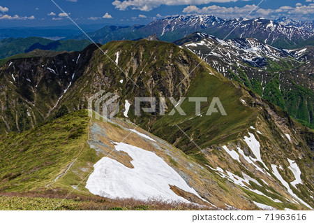 從谷川山脈和木倉山看的上越邊境山脊線和剩余雪的繞線機山 71963616