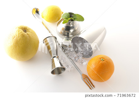 Make a cocktail with a shaker using grapefruit, orange, lemon and mint (white background) Make a cocktail with a shaker using grapefruit, orange, lemon and mint (white background) 71963672