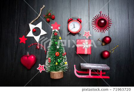 Winter festive Christmas and New Year symbols flat lay background Winter festive Christmas and New Year symbols flat lay background 71963720