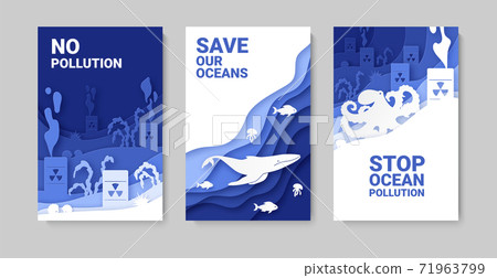 Set of 3 campaign poster to protect the ocean from pollution. Layered paper-style design. Ecology and environmental protection. Vector 71963799